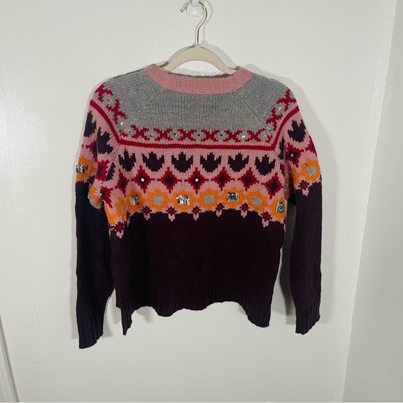 Cinq A Sept Gianni Fair Isle Sweater Wool Blend Knit Sequins Studded Preppy - Picture 8 of 10